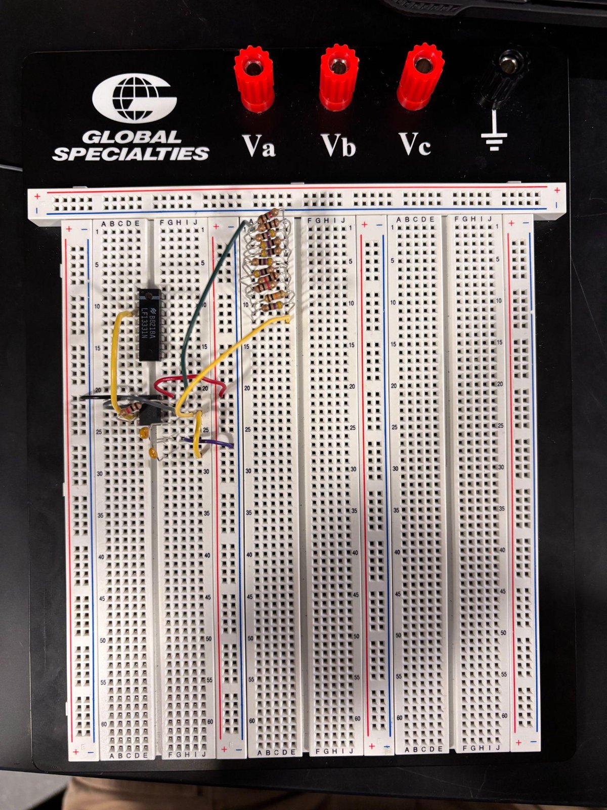 An earlier single-breadboard build wired on the bench.